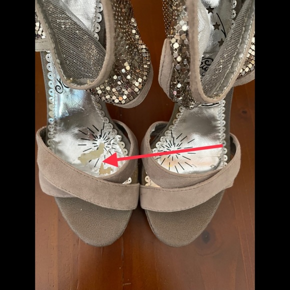 Sexy Naughty Monkey High Heel Sandals Beige Suede with Metal Mesh Ankle Wrap. - Picture 10 of 11